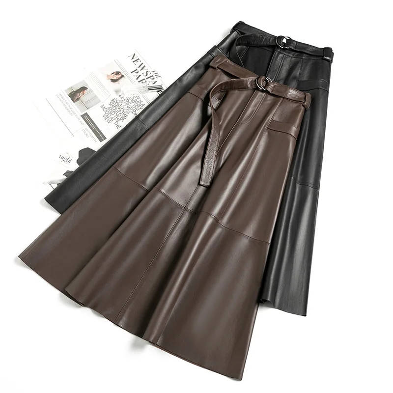 

Genuine Leather Skirt For Women's Spring And Autumn New Commuting Style Mid Length Skirt, Sheep Leather High Waisted And Slim A-
