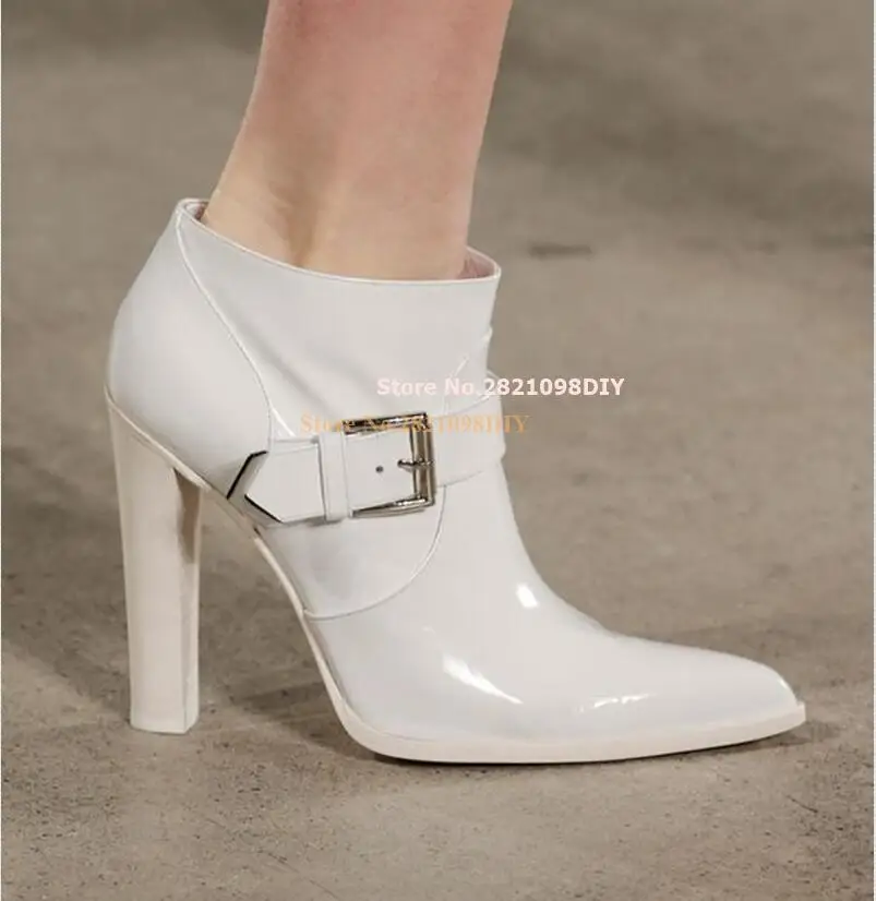 

Milan Show Boots Mirrored Leather White Black Buckle Trap Short Boots Women High Heel Pointy Toes Spring Autumn Runway Bota