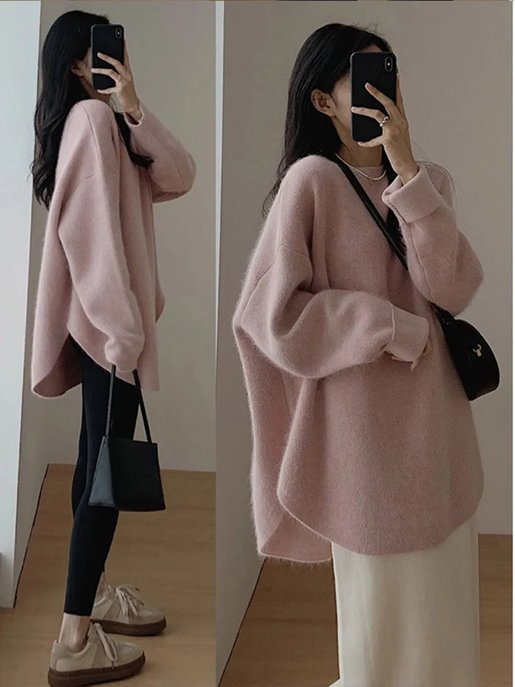 

Casual Loose Knit Pullover Women Solid O-neck Fluffy Sweater Female 2024 Autum Warm Soft Fashion Long Sleeve Lady Knitwear