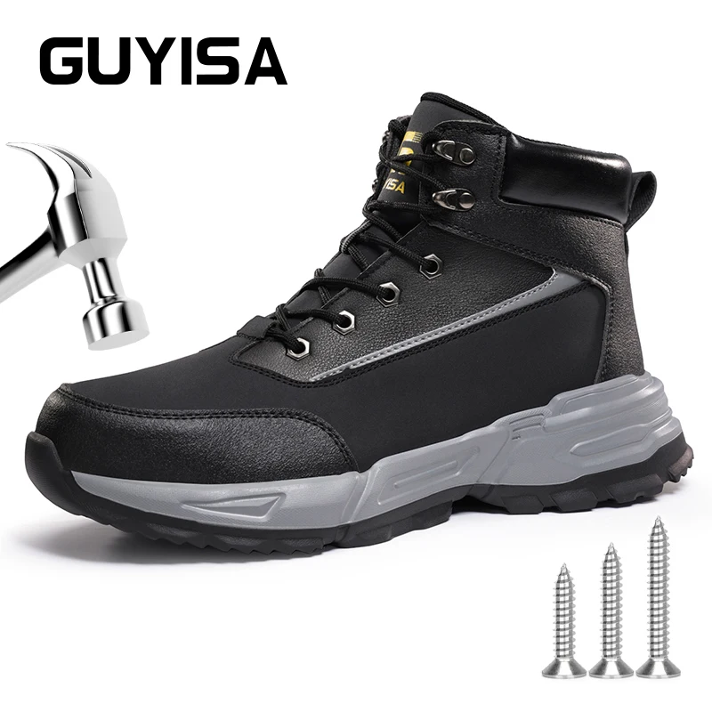 

GUYISA Safety shoes High cylinder Anti slip SRC Waterproof Oil proof Steel toe Size 37-45 Black Anti smashing and anti stabbing