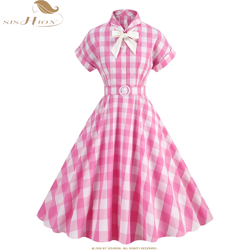 

Retro Vintage Casual Flare Dress 50s 60s Pinup Swing Runway Rockabilly A Line Sundress With Bow Elegant Tea Pink Dress SR1035