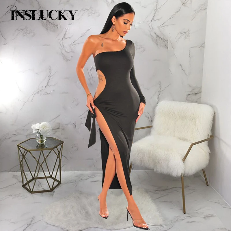 

InsLucky Sexy One-Shoulder Long Sleeve Diagonal Collar Hollow Out Bandage High Waist Slit Dresses Women Slim Elegant Evening