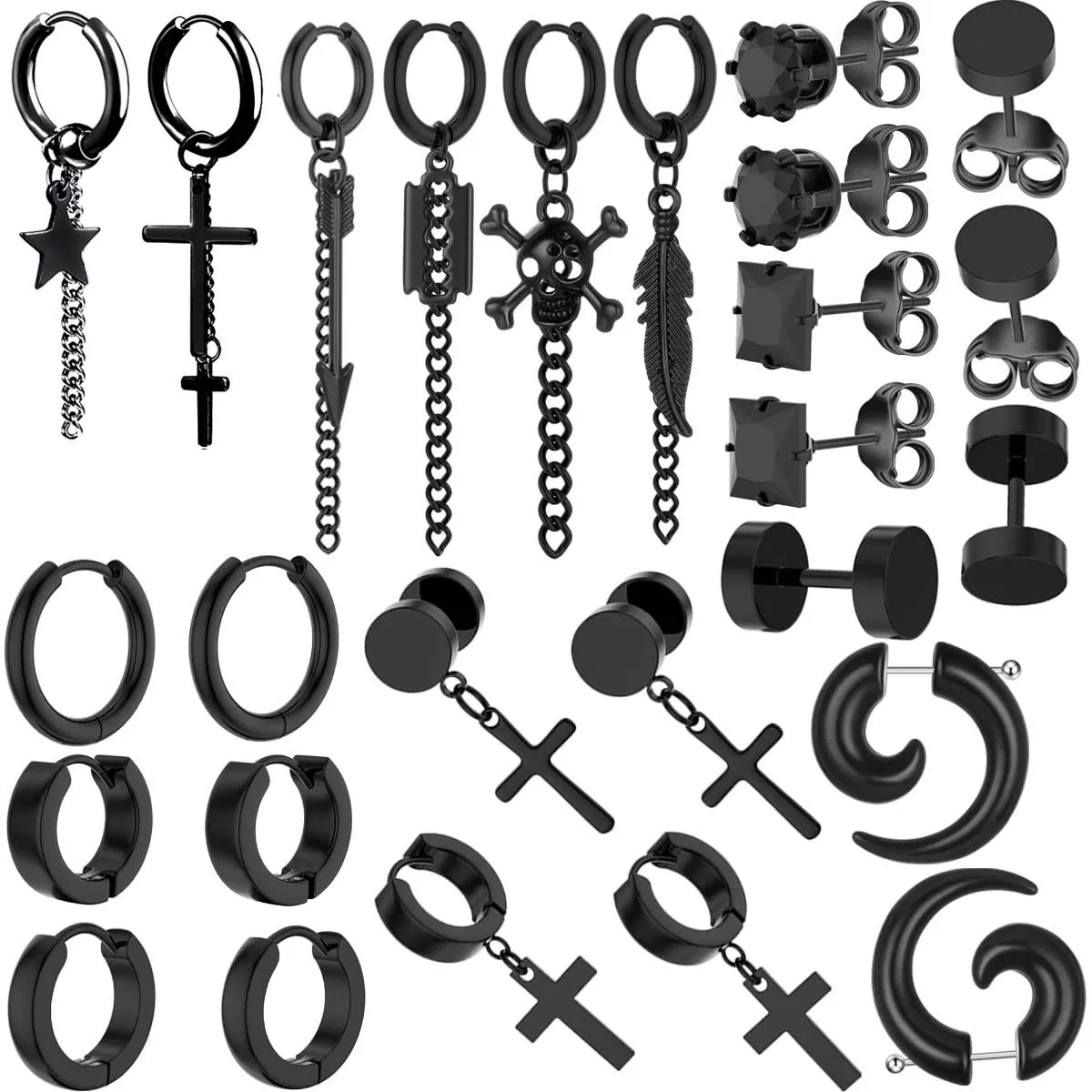 

Серьги-кольца из нержавеющей стали для мужчин и женщин, крутые украшения для пирсинга в стиле панк/готика, с крестом, звездой, стрелкой, пером, черепом, цепочкой, 26 шт.