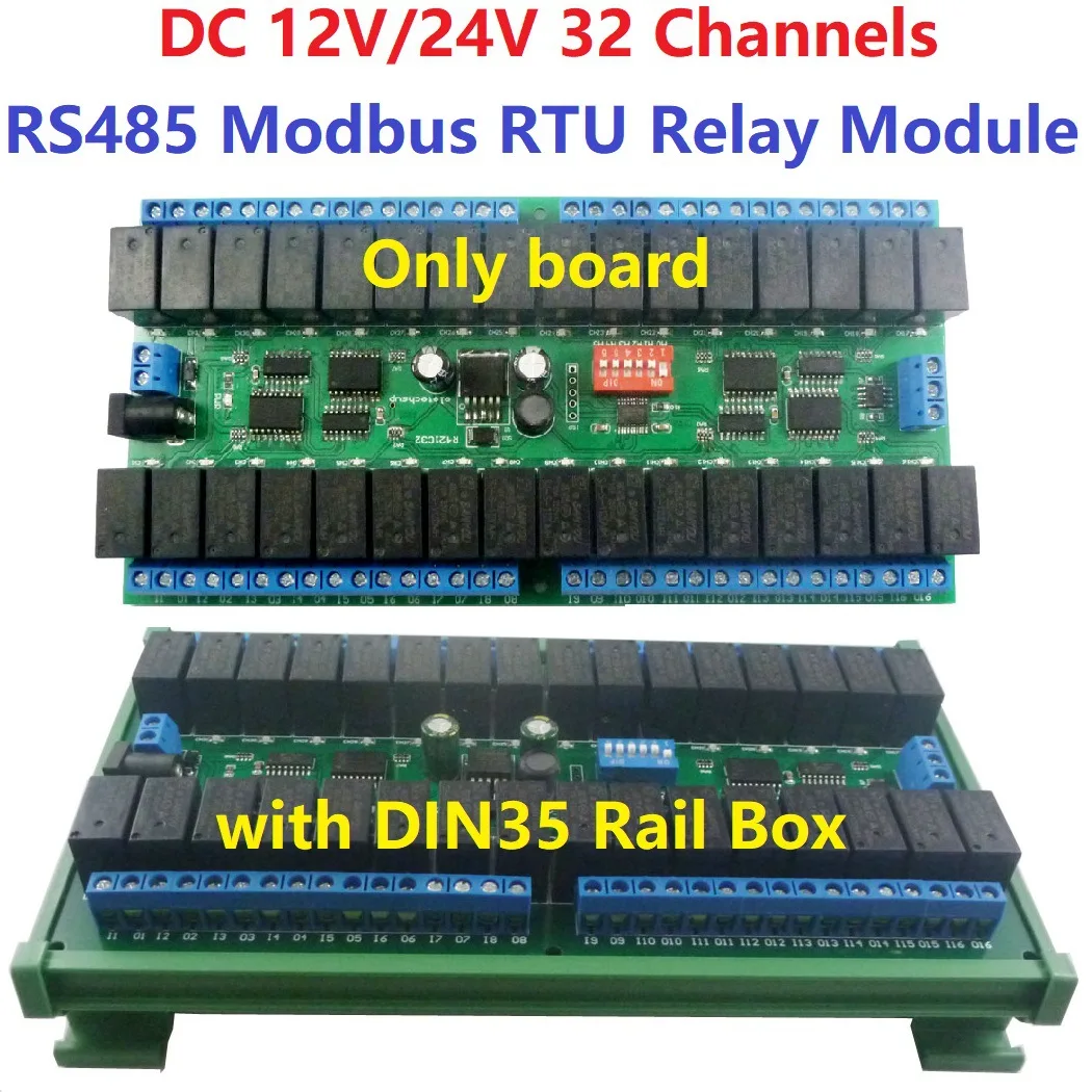 

DC 12V/24V Multifunction 32 Channel Modbus RTU RS485 Relay Switch Board UART Serial Port Module DIN Rail Box PLC Expanding Board