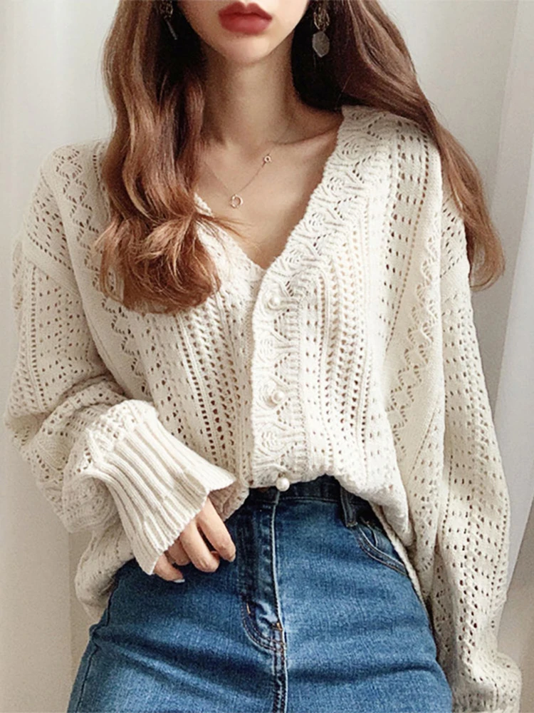 2023 Women Spring Summer Sweater and Cardigans Low V-Neck Knit Tops Long Sleeve Hollow Out Sexy Cardigan Loose White Tops
2023 Women Spring Summer Sweater and Cardigans Low V-Neck Knit Tops Long Sleeve Hollow Out Sexy Cardigan Loose White Tops
