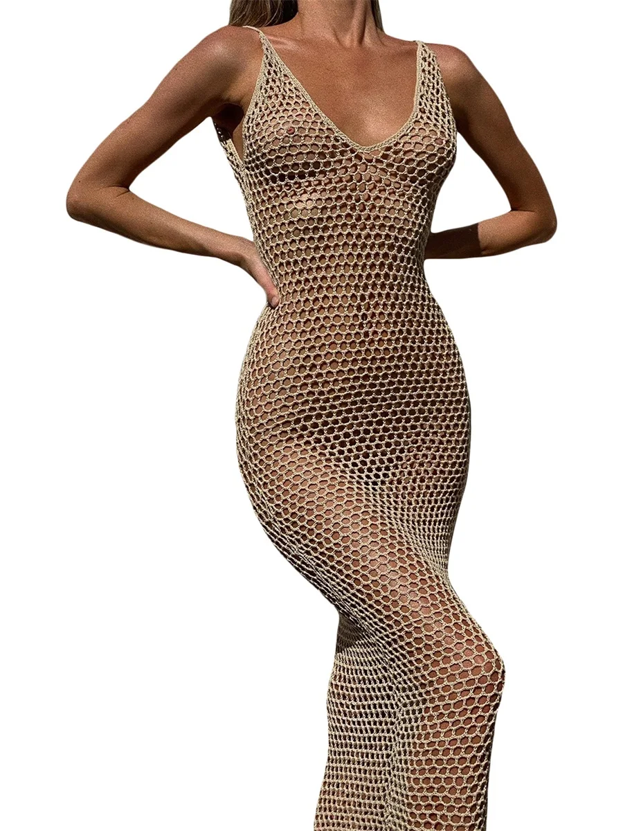 

Women See Through Crochet Cover Up Sleeveless Backless Sling Fishnet Cover Ups Dress for Beach Vacation