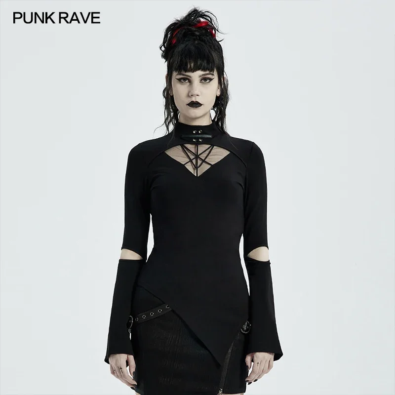 

PUNK RAVE Women's Gothic Tight Fitting T-Shirt Hollow Out Collar Asymmetrical Hem Long Flare Sleeve Black Tops