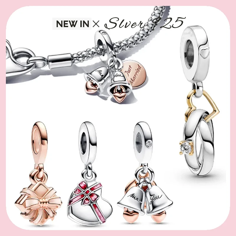 

NEW Two-tone Wedding Bells Heart Chocolate Birthday Gift Dangle Charm Fit Women Original Bracelet Pendant DIY Jewelry