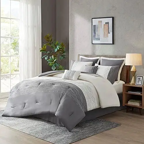 

Luxe Quilted Comforter Set Modern Transitional Design, All Season Down Alternative Warm Bedding Matching Shams, Bedskirt, Decora
