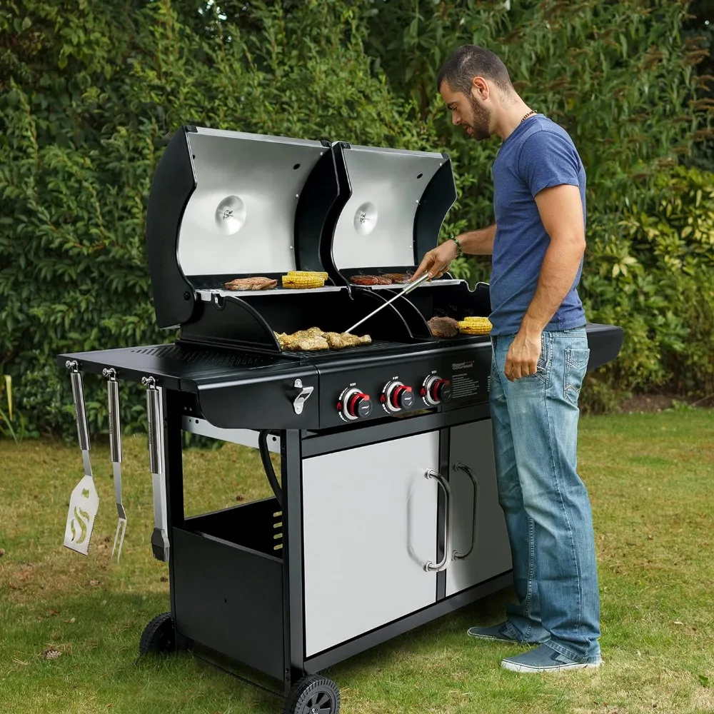 3-Burner 25,500-BTU Dual Fuel Gas and Charcoal Grill Combo, Cabinet Style, Outdoor BBQ Garden Barbecue Cooking, Silver
3-Burner 25,500-BTU Dual Fuel Gas and Charcoal Grill Combo, Cabinet Style, Outdoor BBQ Garden Barbecue Cooking, Silver