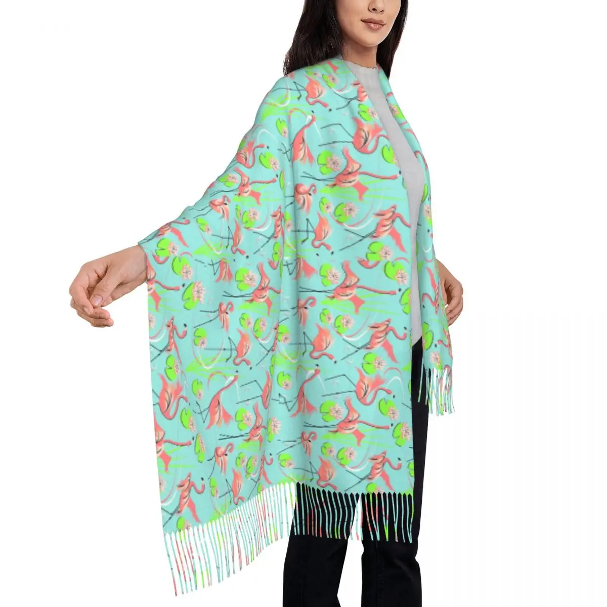 

Tropical Birds Scarf Flamingo Fandango Warm Shawls and Wraps with Long Tassel Women y2k Fun Head Scarves Winter Designer Foulard