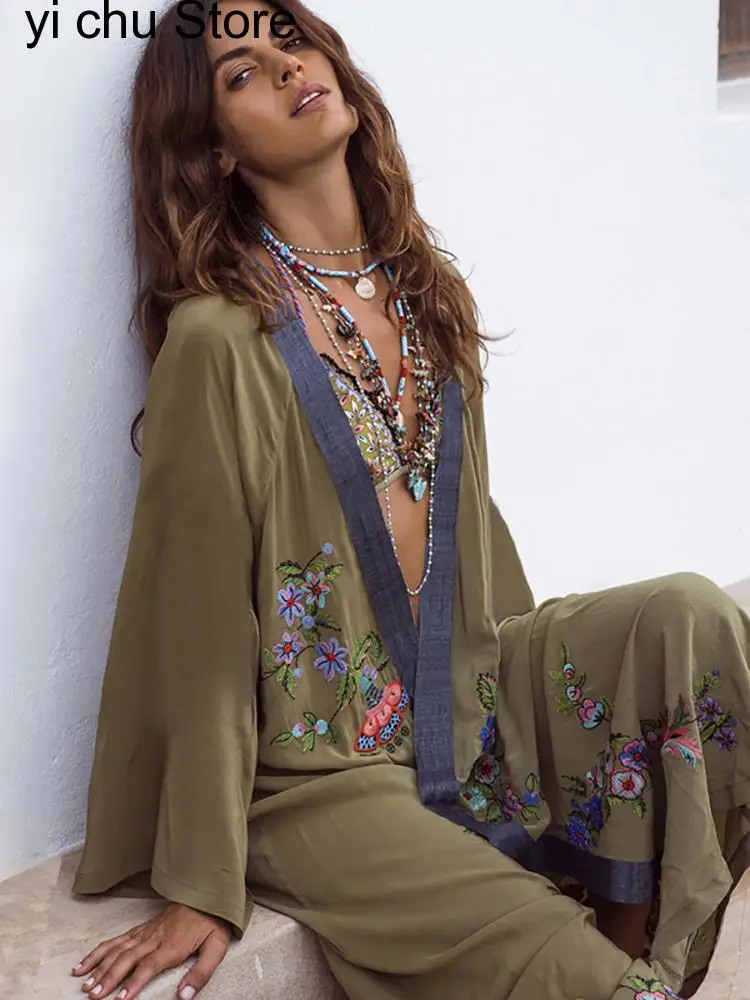 

New Flowers Embroidery Beach Kimono Holiday Army Green Vintage Swimwear Cover-Ups Long Sleeve Autumn Outer Cover