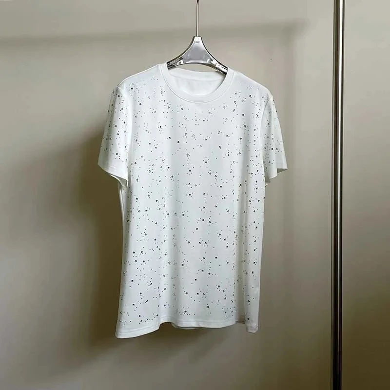 Women's Fashion Cotton Rhinestone T-shirt Designer Round Neck Short Sleeved Pullover Casual Loose Top Summer New Style
Women's Fashion Cotton Rhinestone T-shirt Designer Round Neck Short Sleeved Pullover Casual Loose Top Summer New Style