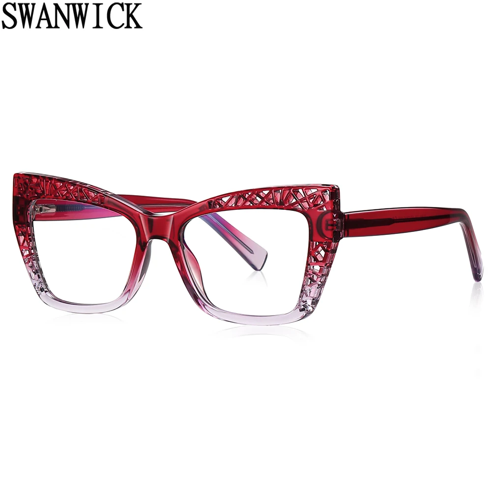 

Swanwick cat eye eyeglasses for women hollow blue light glasses frames square gradient European style green pink clear lens TR90