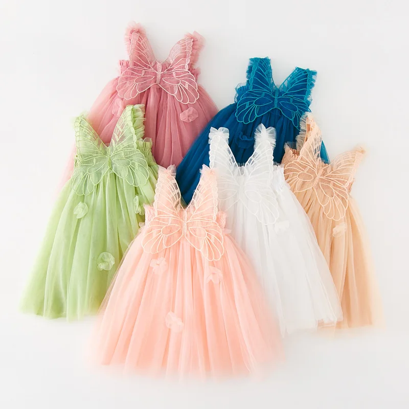 

New Baby Girl Clothes Sweet Mesh Suspenders Three Dimensional Wings Flower Decoration Baby Girl Dress Cute Princess Tutu Skirt