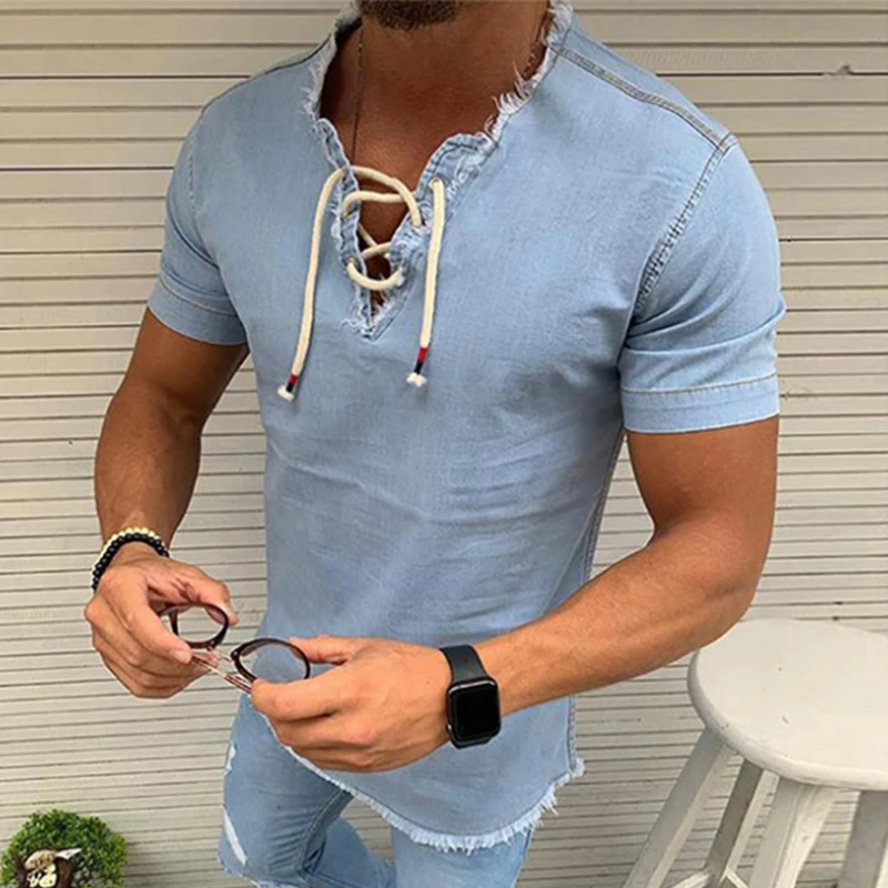 Vintage Ripped V Neck Drawstring Pure Color T Shirt Men Casual Loose Short Sleeve Tie-up Pullover 2023 Spring Summer Men Clothes 
Vintage Ripped V Neck Drawstring Pure Color T Shirt Men Casual Loose Short Sleeve Tie-up Pullover 2023 Spring Summer Men Clothes