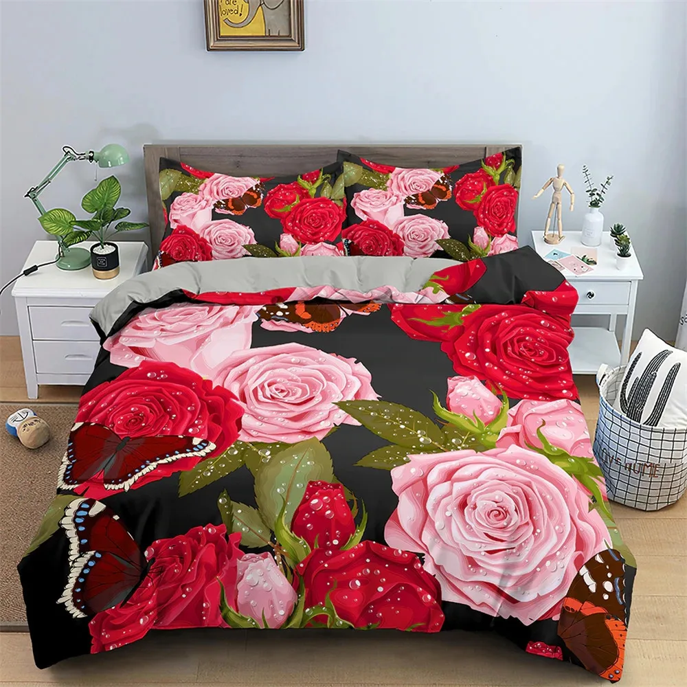 

Red Pink Roses Flowers Valentine's Day 3D Bedding Set Duvet Cover Pillowcases Comforter Linen Room Decor Twin Queen King Size