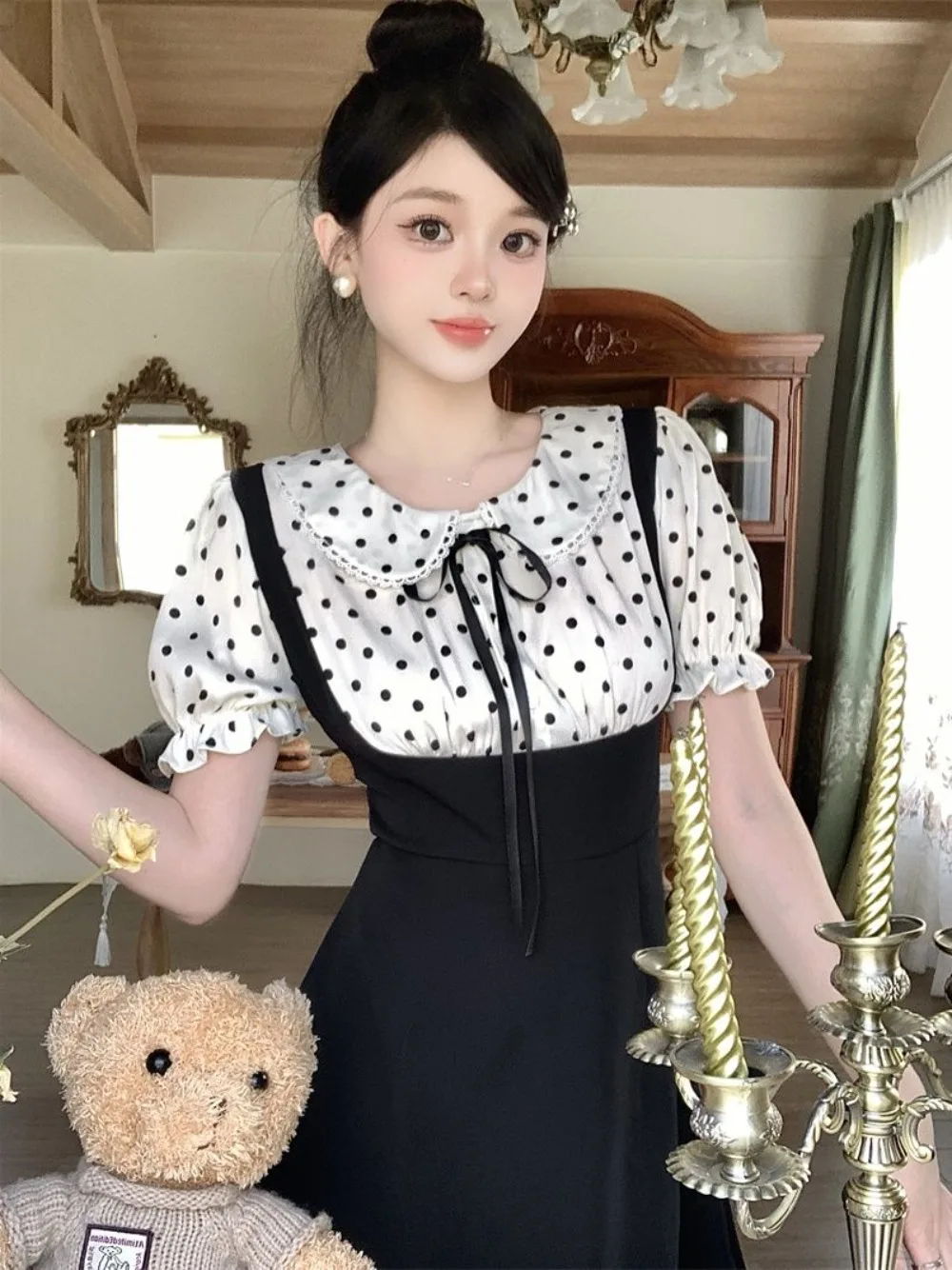 

Women fake two piece new summer doll collar French college style ageing thin waisted A line dress large size 2024