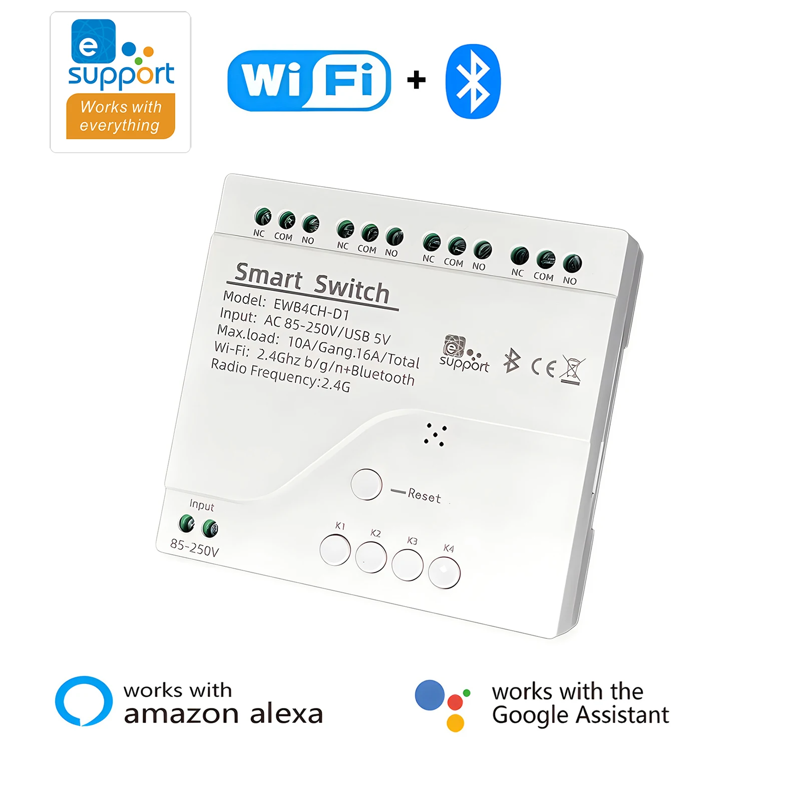eWelink 4 CH WiFi Smart Switch AC85-250V 10A WiFi+BLE Dual-Mode Circuit Breaker APP/Voice Control Work with Alex Google Home
eWelink 4 CH WiFi Smart Switch AC85-250V 10A WiFi+BLE Dual-Mode Circuit Breaker APP/Voice Control Work with Alex Google Home