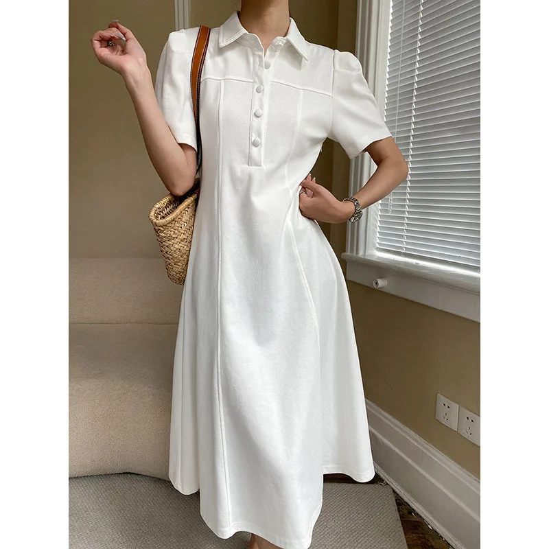 French style small lapel breasted slim dress with solid color temperament and elegant mid length skirt
French style small lapel breasted slim dress with solid color temperament and elegant mid length skirt
