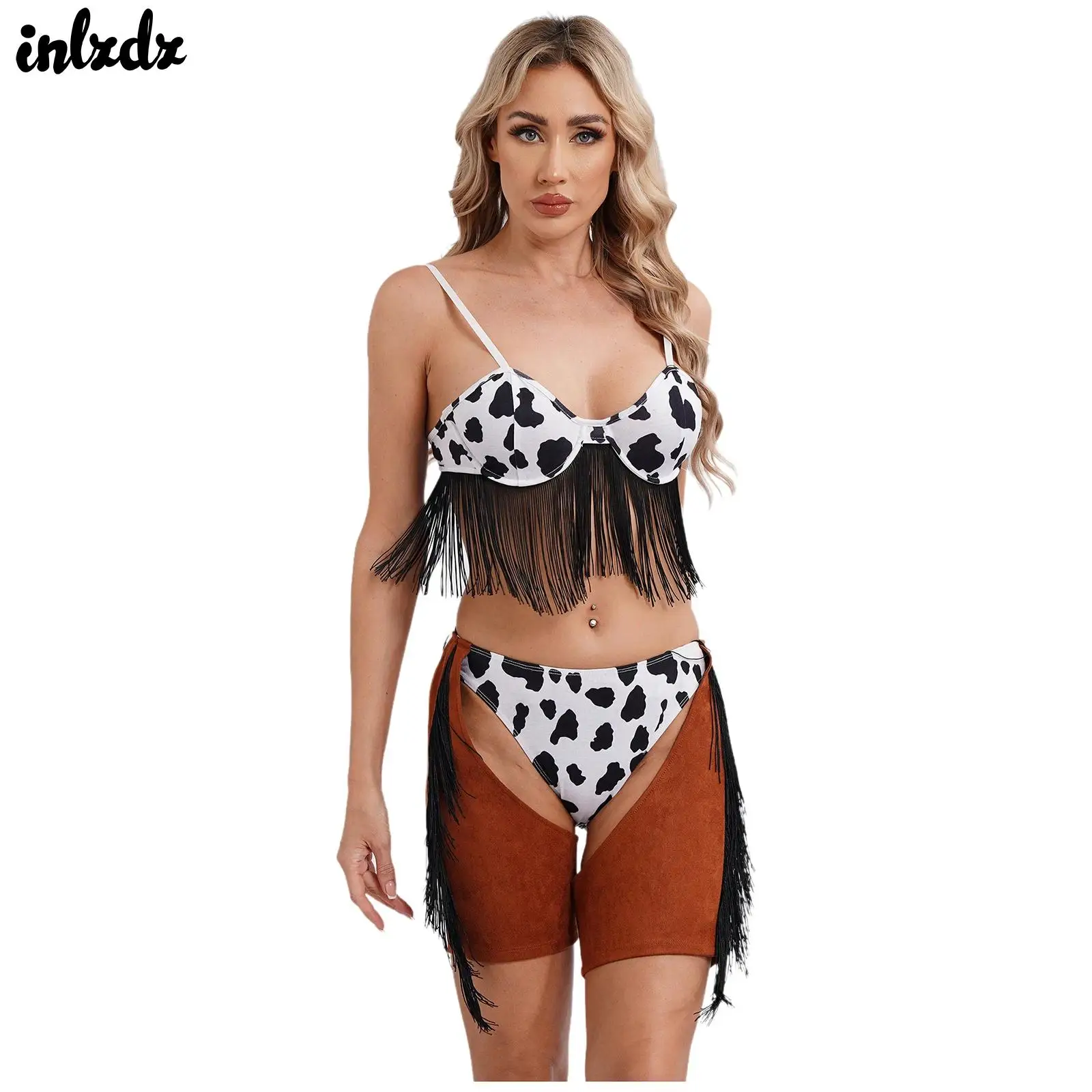 

Womens Cow Spot Print Wild Cowboy Costume Crazy Western Cowgirl Outfit Underwire Fringed Bra Top with Briefs Cutout Shorts