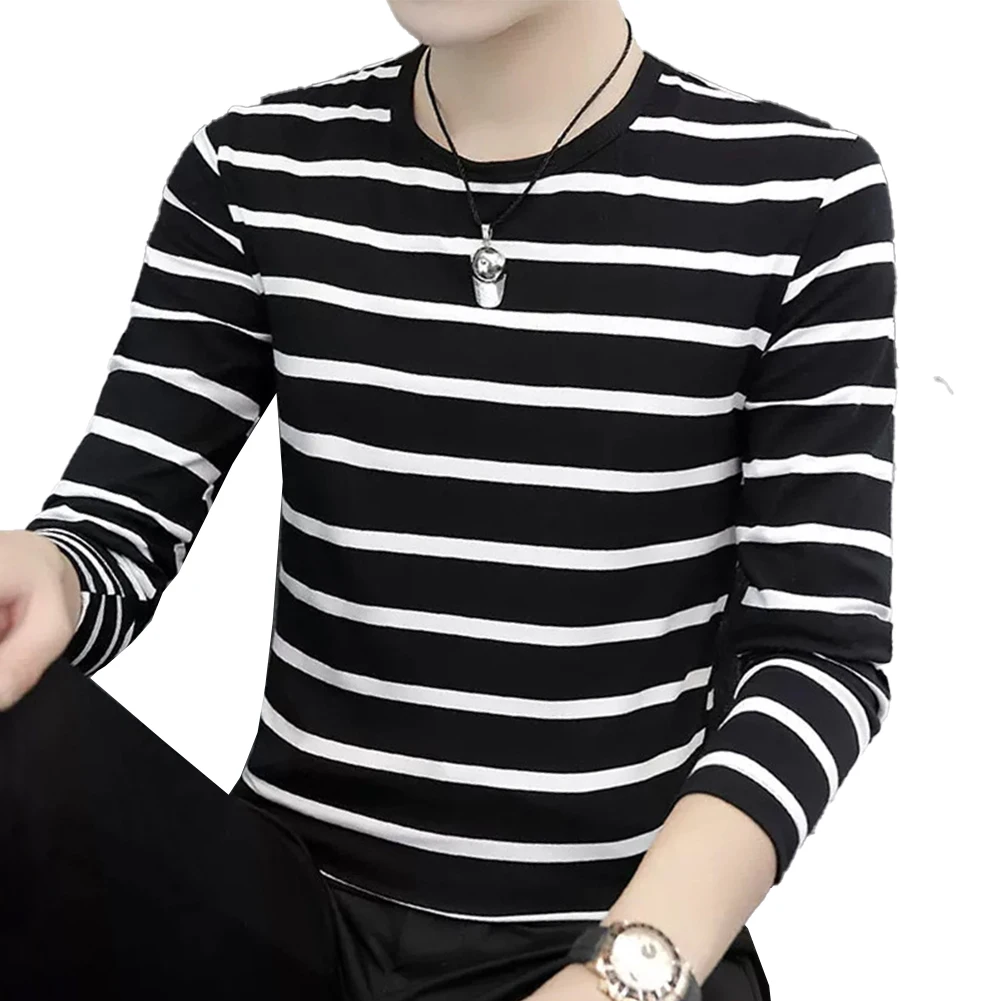 

Modern Mens Stripe Long Sleeve T Shirt Casual Crew Neck Tee Shirts for Sports Blouse Pullover Tops Various Color Choices