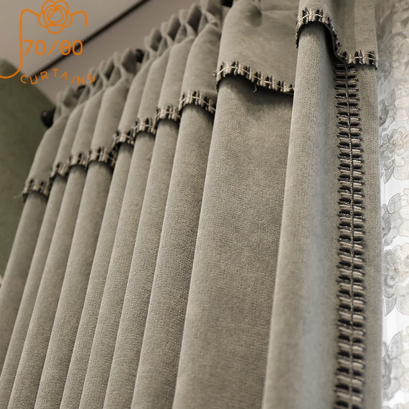 

Gray Thickened Jacquard Chenille Lace Splicing Blackout Curtains for Living Room Bedroom French Window Finished Product