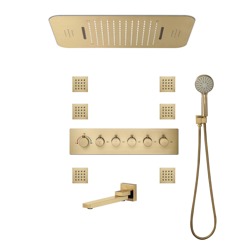 Rain Shower Set Brushed Gold Shower Panel LED Smart Showerheads Remote Control Light Brass Large Mixer Valves Bathroom Faucets
Rain Shower Set Brushed Gold Shower Panel LED Smart Showerheads Remote Control Light Brass Large Mixer Valves Bathroom Faucets