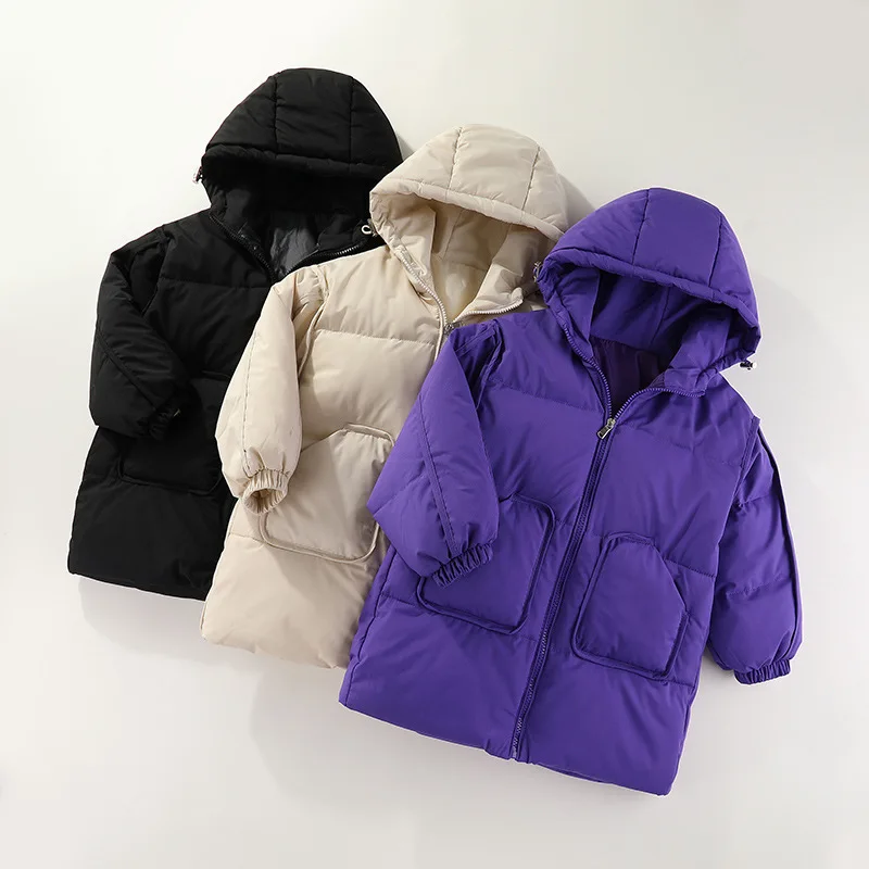 

Новинка зимнее детское пуховое пальто до-30 ° утепленное теплое однотонное пальто с капюшоном для мальчиков средней длины хлопковое пальто с длинным рукавом для девочек
