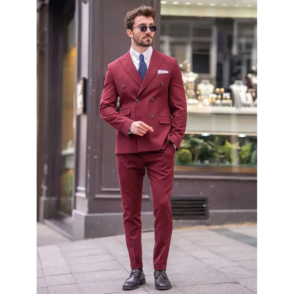 

Casual Slim Fit Suits for Men Burgundy Double Breasted Peak Lapel Luxury Outfits Set Tailor 2 Piece Jacket Pants Set Costume