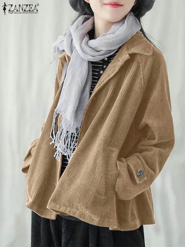 

Элегантная Вельветовая куртка ZANZEA с длинным рукавом и карманами, осень 2023, модные женские однотонные пальто, праздничная короткая верхняя одежда с отложным воротником