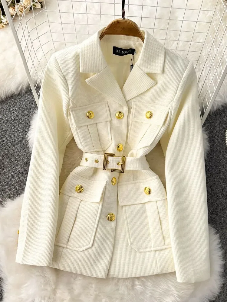 

New Autumn Winter Outerwear Fashion Checkered Vintage Golden Buttons Pocket Women's Notched Collar Belted Blazers Jackets Tops