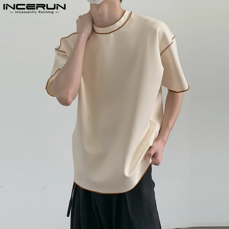 

INCERUN Tops 2023 Korean Style Handsome New Men Spliced Line Design T-shirts Casual Stylish Contrast Short Sleeve Camiseta S-5XL