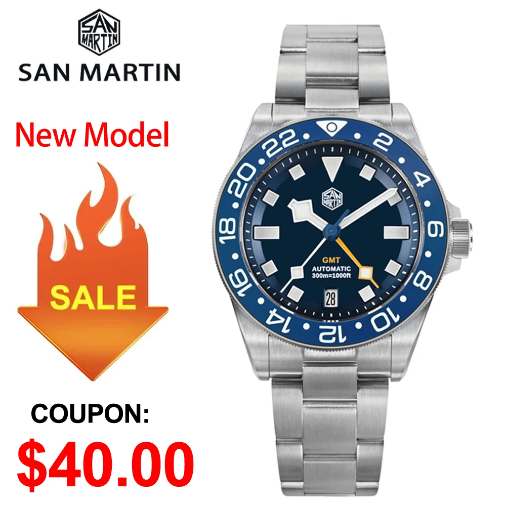 

San Martin SN0121TC Titanium 39mm Watch NH34 GMT Automatic Movement Sapphire 24 Click BGW9 Luminous 30Bar Waterproof Watches