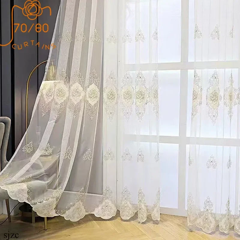 

French High-end Embroidery Window White Gauze Curtains for Living Room Bedroom French Window Balcony Floating Window Customized