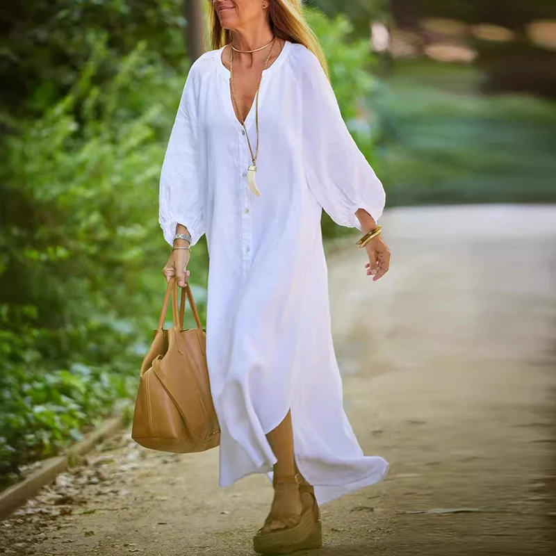 Женское однобортное платье-кардиган, повседневное длинное платье из чистого хлопка и льна с длинными рукавами-фонариками и V-образным вырезом, весна-осень
Женское однобортное платье-кардиган, повседневное длинное платье из чистого хлопка и льна с длинными рукавами-фонариками и V-образным вырезом, весна-осень