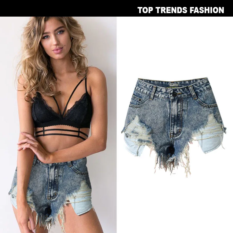 

Women's Decoration High Waist Frayed Irregular Leaky Pockets Tassel Snowflake Nostalgic Denim Shorts for Women