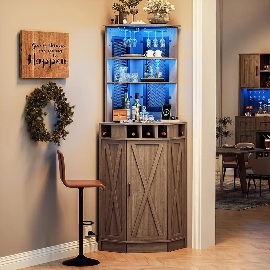 Tall Bar Corner Cabinet, 73.6" Farmhouse Wine Bar Cabinet w/2 Adjustable Shelves,Power Outlet & Wine Rack,,Grey
Tall Bar Corner Cabinet, 73.6" Farmhouse Wine Bar Cabinet w/2 Adjustable Shelves,Power Outlet & Wine Rack,,Grey