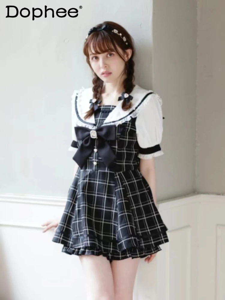 Japanese Style Sailor Collar Sailor Suit Detachable Big Bow Top and Shorts Two-Piece Sets Spring Summer Plaid Shorts Set Female
Japanese Style Sailor Collar Sailor Suit Detachable Big Bow Top and Shorts Two-Piece Sets Spring Summer Plaid Shorts Set Female