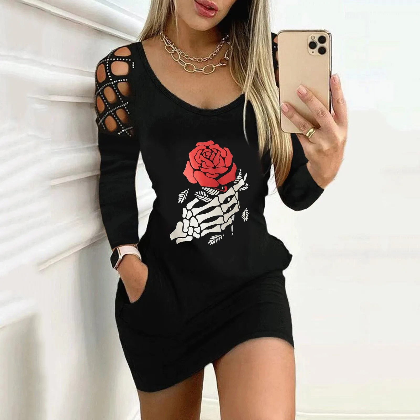 

Sexy Y2K Bodycon Dress For Womens Halloween Skull Hand Rose Printed Mini Tight Dresses Elegant Evening Cocktail Party Dress