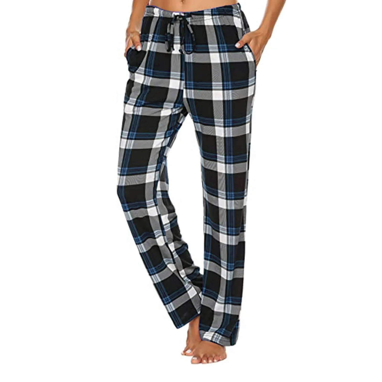 

Womens Plaid Printed Low Waist Ankle-Length Pants Drawstring Straight Slim Fit Womens Trousers Pantalones Mujer Modernos