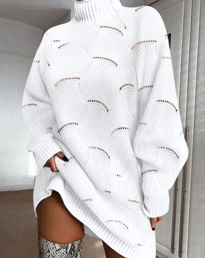 

Women's Commuter Fashion Dress High Neck Hollow Out Casual Sweater Short Skirt 2024 Early Spring Latest Long Sleeve Mini Dress