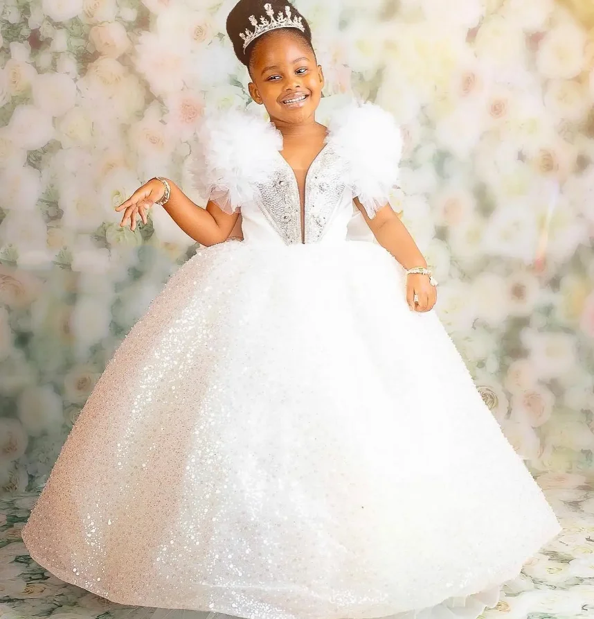 

Sparkly Flower Girl Dresses For Wedding Glitter Tulle Beaded Kids Party Girls Pageant Dress Birthday Gowns Photoshoot 1-14T