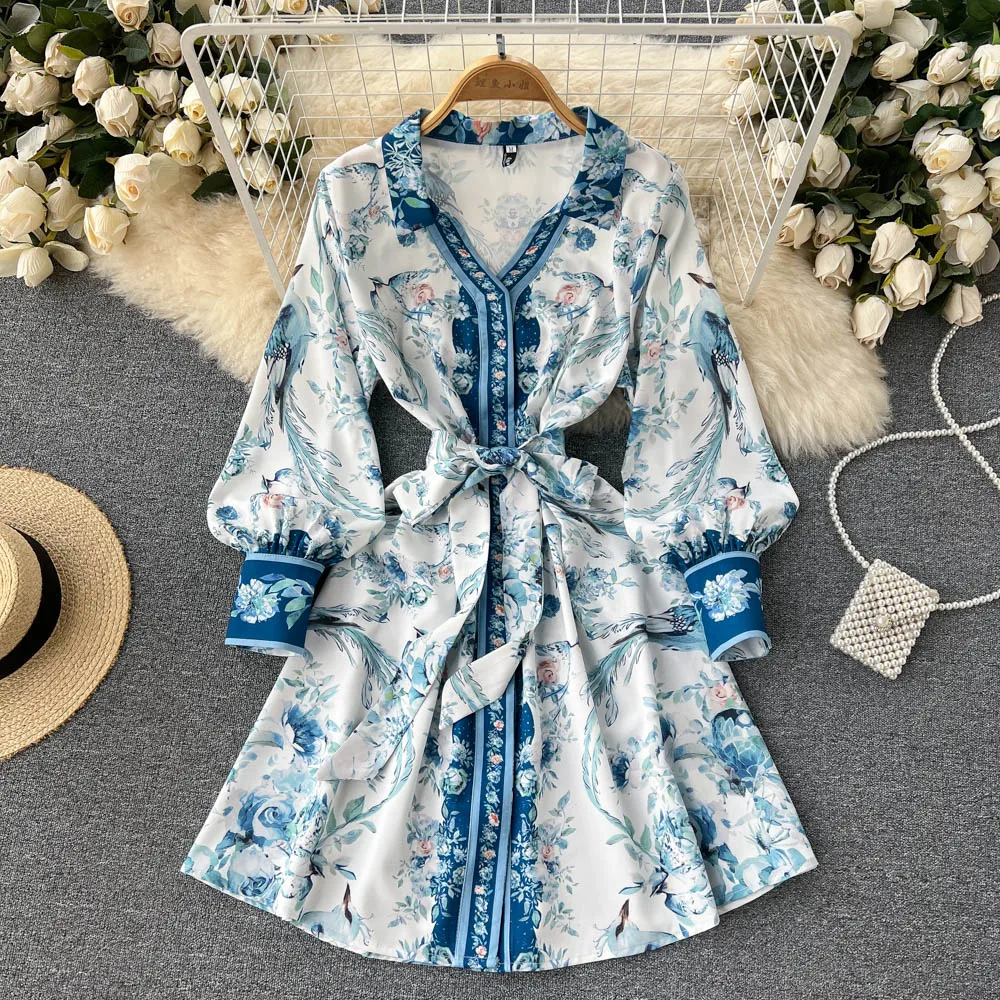 

Women's Blue Floral Long Sleeve Shirt Dress Spring Summer Knee Length V Neck Single Breasted Dress Lady Holiday Short Vestido