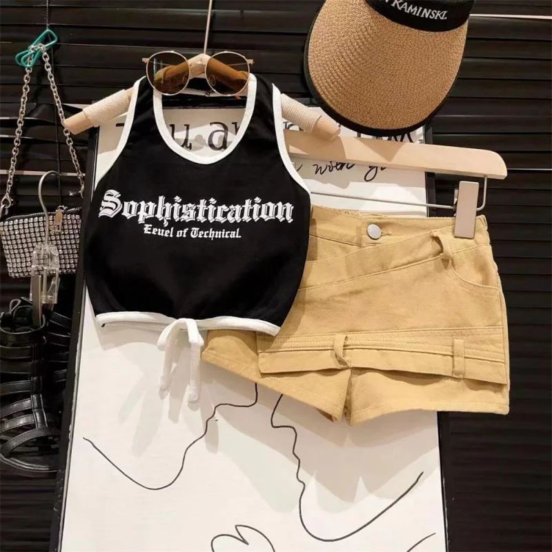 

New Girls' Set Letters Contrast Color Binding Fashionable Vest Workwear Shorts Two-Piece Set2024Children Summer Clothing-WSNY