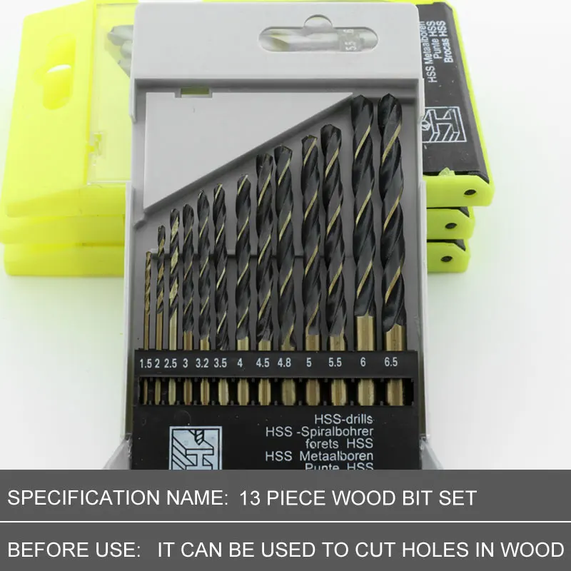 13pc 1.5-6.5mm Round Shank Twist Drill Bit Set Titanium Coated Hole Cutter High Speed Steel Gun Drill Bit Metal Woodworking Tool
13pc 1.5-6.5mm Round Shank Twist Drill Bit Set Titanium Coated Hole Cutter High Speed Steel Gun Drill Bit Metal Woodworking Tool