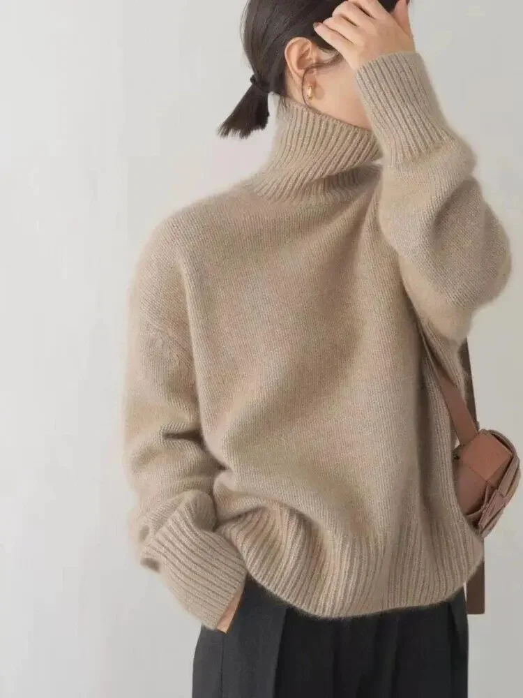 

Модный корейский Новый кашемировый свитер, Женский пуловер из 100% чистой шерсти с высоким воротником, сезон осень-зима 2024, повседневный свободный плотный вязаный Топ