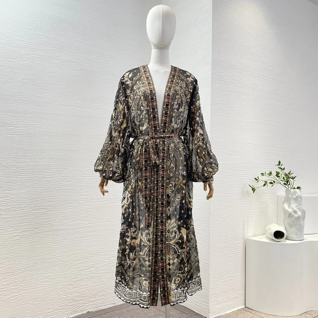2024 New Arrivals High Quality Black Golden Floral Print Long Sleeve V-Neck See Though Wrap Kaftan Midi Dress
2024 New Arrivals High Quality Black Golden Floral Print Long Sleeve V-Neck See Though Wrap Kaftan Midi Dress
