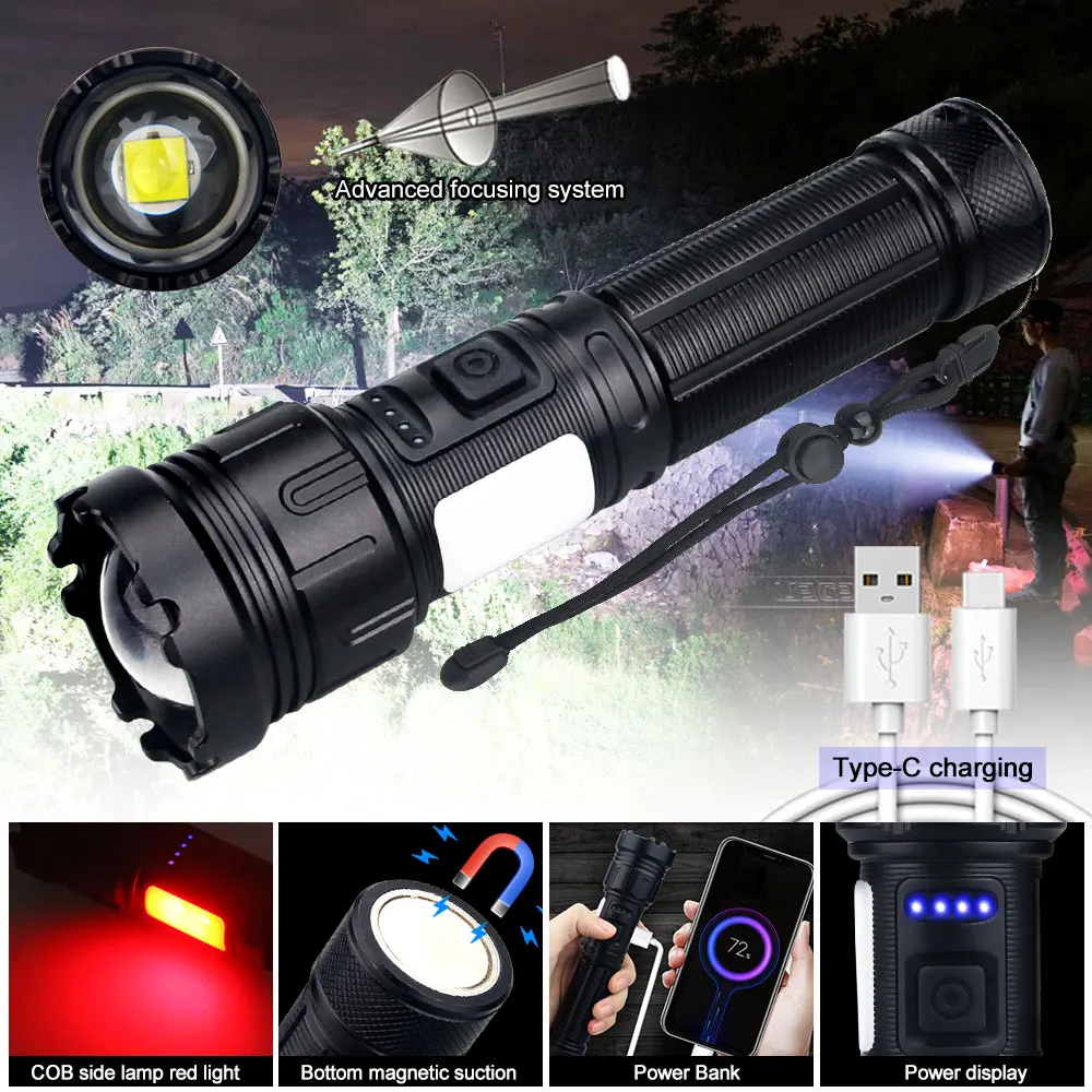 

20W Tactical Glare Flashlight USB Rechargeable Lantern Zoomable Torch COB Red Flashing Warning Side Light As Power Bank