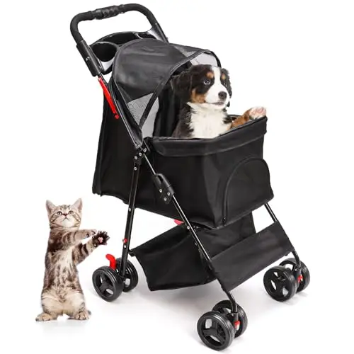 

Foldable Pet Stroller, Cat/Dog Cage Stroller with 4 Wheels, Travel Folding Carrier for Small Dogs, Puppy Strolling Cart